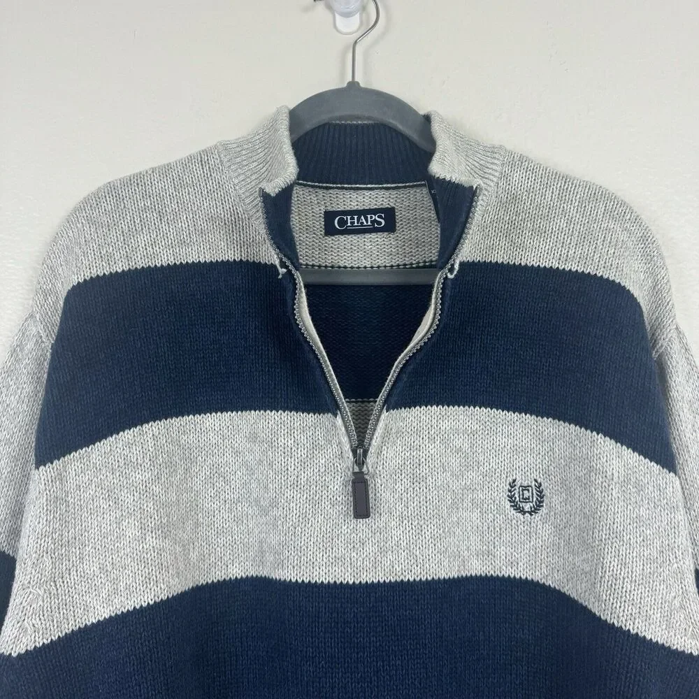 Chaps Ralph Lauren 1/4 Zip Pullover Knit Sweater Cotton Blue Beige Stripe XXL